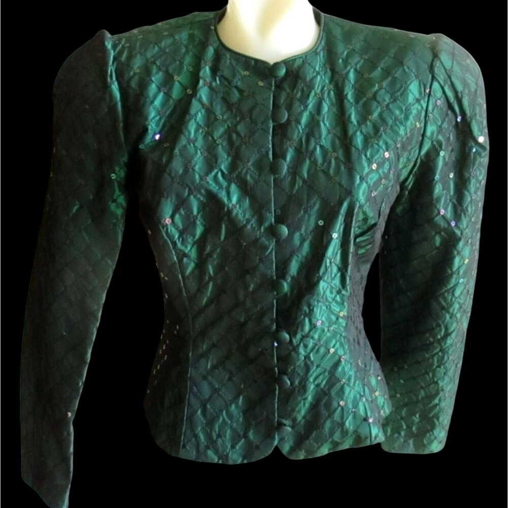 Vintage Bolero Jacket Sz 4 Scott McClintock Green Acetate Satin Sequined Green